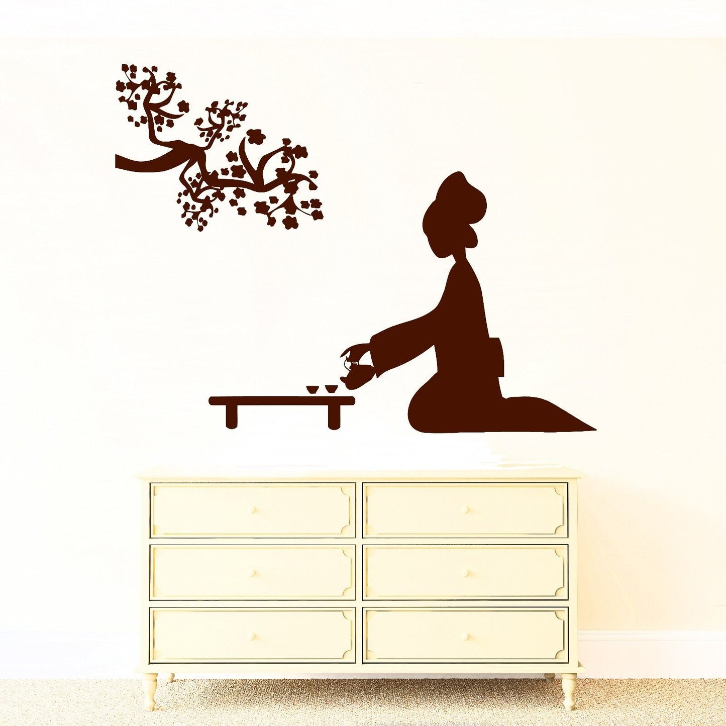 Wall Sticker Geisha and Japanese Tea Ceremony Cherry Blossoms Vinyl Decal (n373)