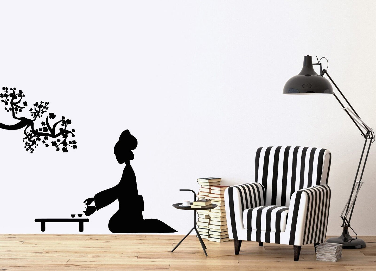 Wall Sticker Geisha and Japanese Tea Ceremony Cherry Blossoms Vinyl Decal (n373)