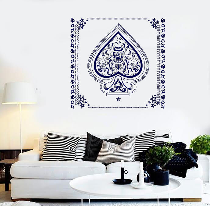 Autocollant mural en vinyle As de pique avec motif de fleurs, design noir et blanc (n689)
