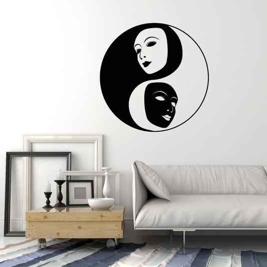 Autocollant mural en vinyle symbole Yin Yang bouddhisme masques de théâtre autocollants (3581ig)