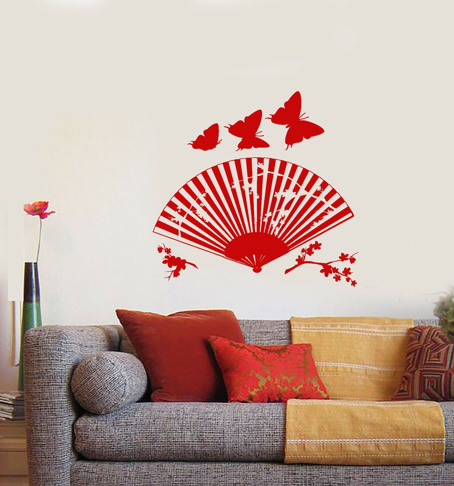 Autocollant mural en vinyle, éventail japonais asiatique, branche Sakura, papillon, autocollants (4036ig)