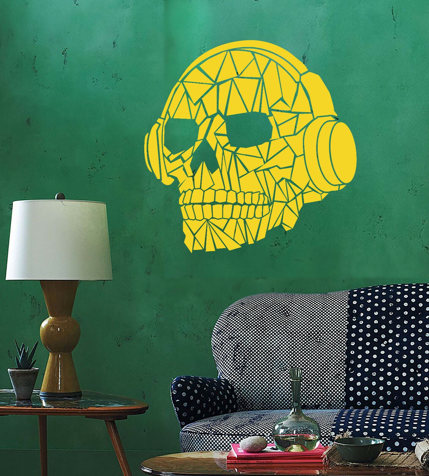Autocollant mural en vinyle, crâne abstrait dans des écouteurs de musique, autocollants en éclats de verre, 4039ig
