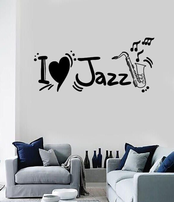 Autocollants muraux en vinyle, mots musicaux, Saxophon, I Love Jazz Blues Music (n1678)