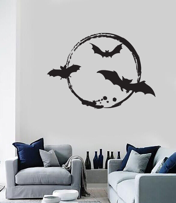 Autocollant mural en vinyle, chauve-souris d'Halloween, étrange cercle de lune (n1881)