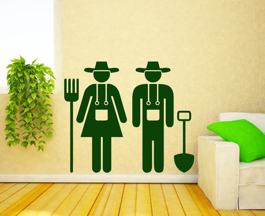 Autocollant mural en vinyle, décor de salon, Couple d'agriculteurs, outils de culture des terres (n381)