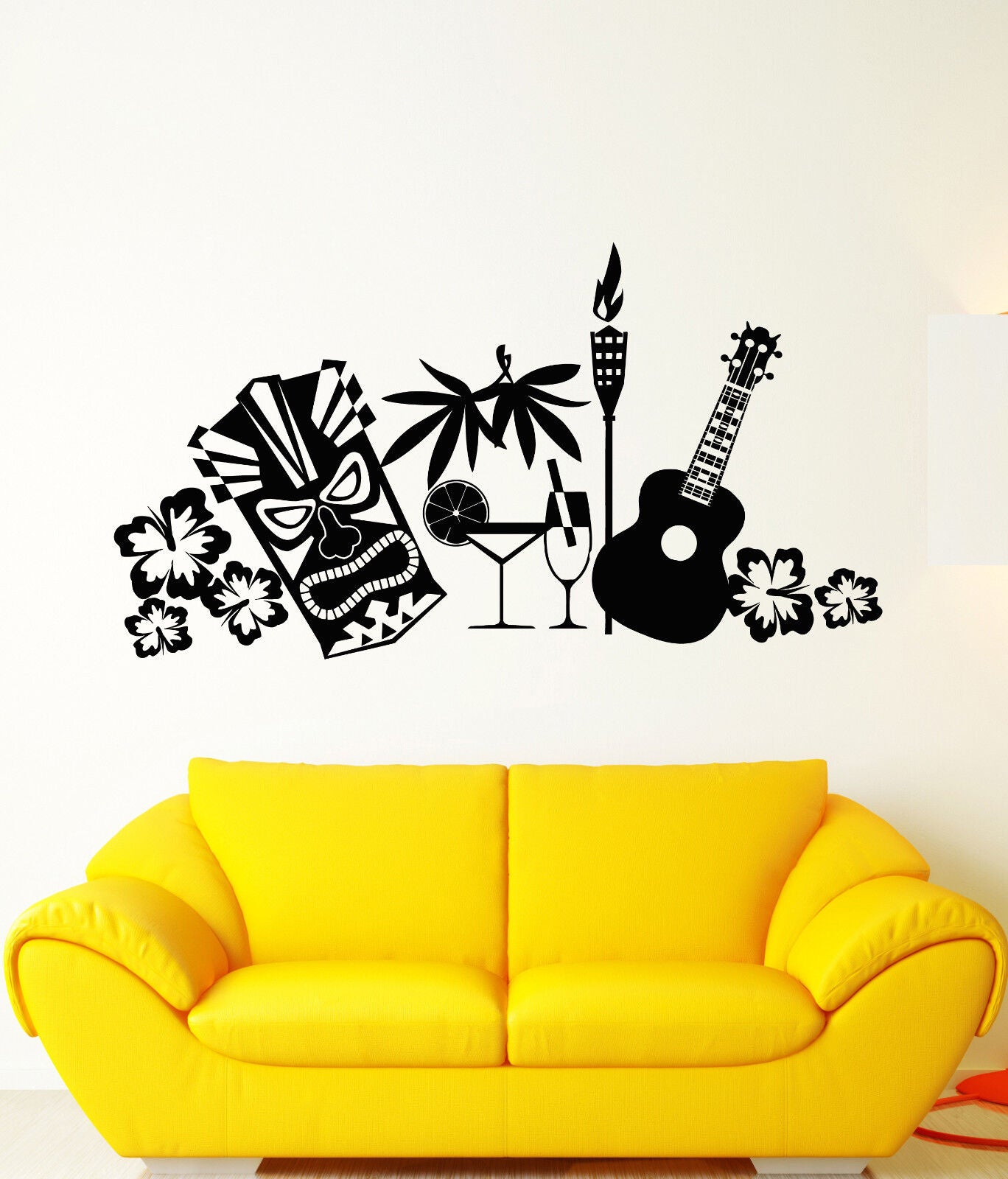 Autocollant mural en vinyle, Style plage tropicale, masque de guitare, fleurs, autocollants (2381ig)