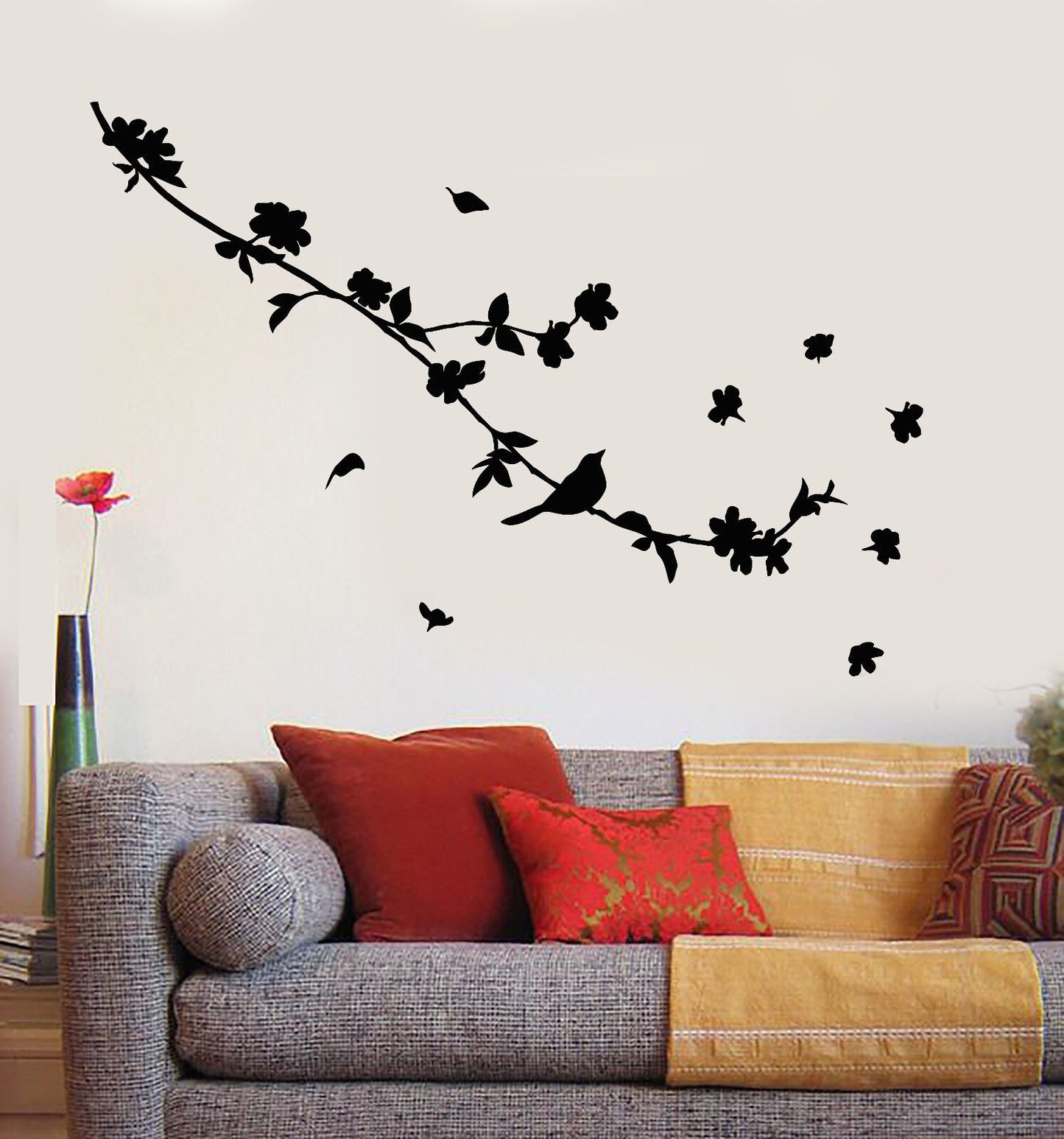 Autocollant mural en vinyle, Silhouette, bel oiseau sur une branche, fleurs, autocollants (2419ig)