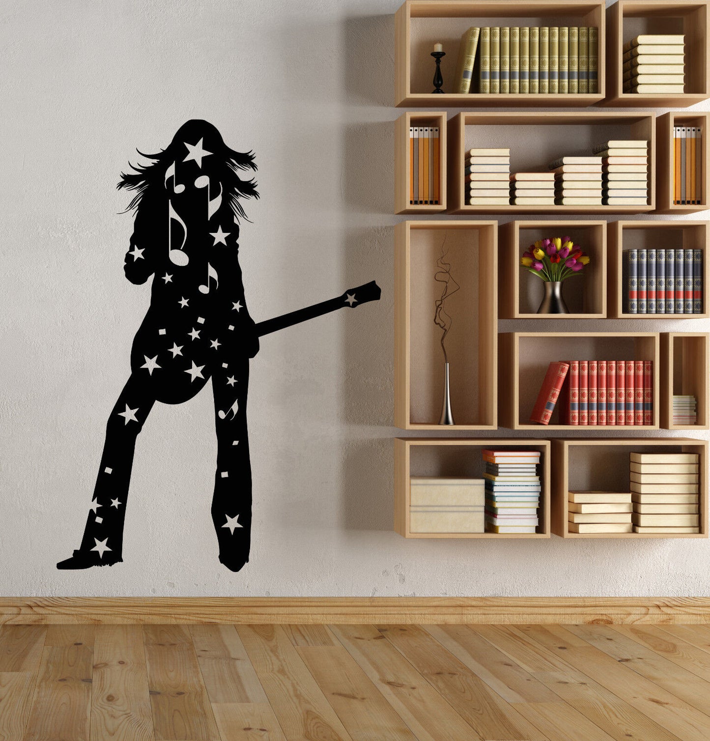 Vinyl Wall Decal Silhouette Girl With Guitar Player Rock Star Stickers (3108ig)