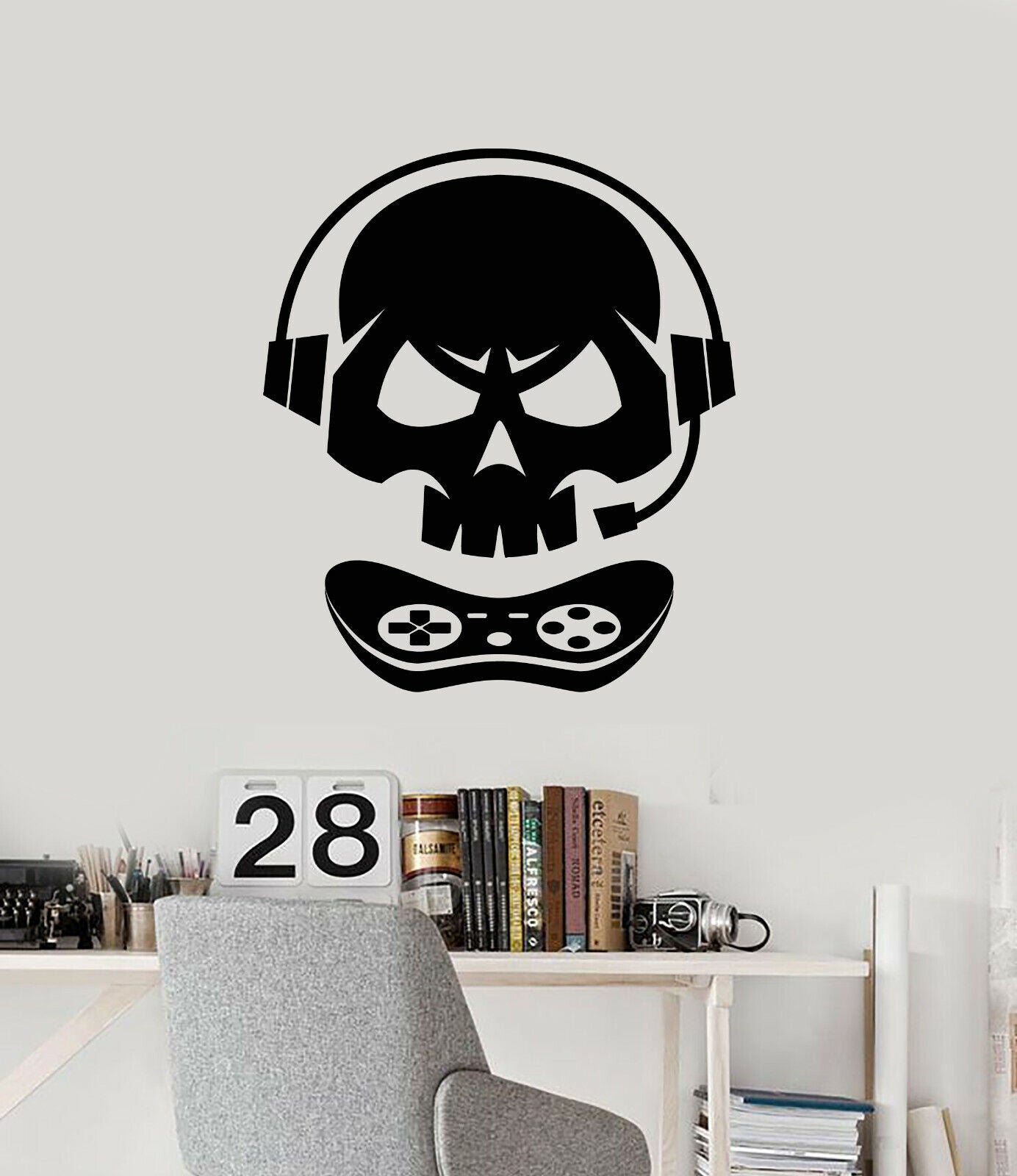 Wandaufkleber aus Vinyl, für Videospiele, Gamer, Totenkopf mit Kopfhörern und Joystick (3525ig)