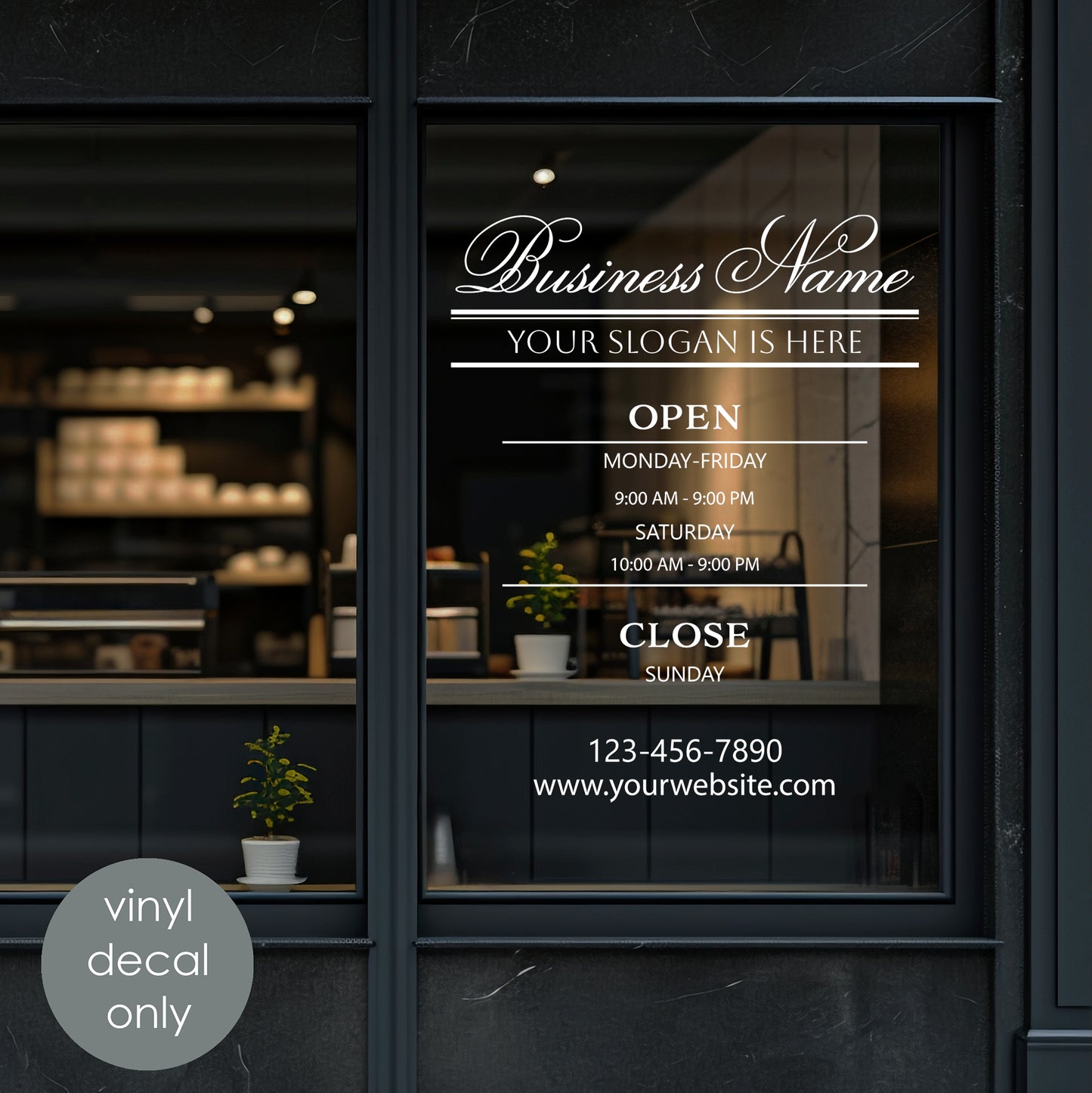 Personalized Business Name Decal – Custom Door, Window & Storefront Sticker with Slogan & Opening Hours w81