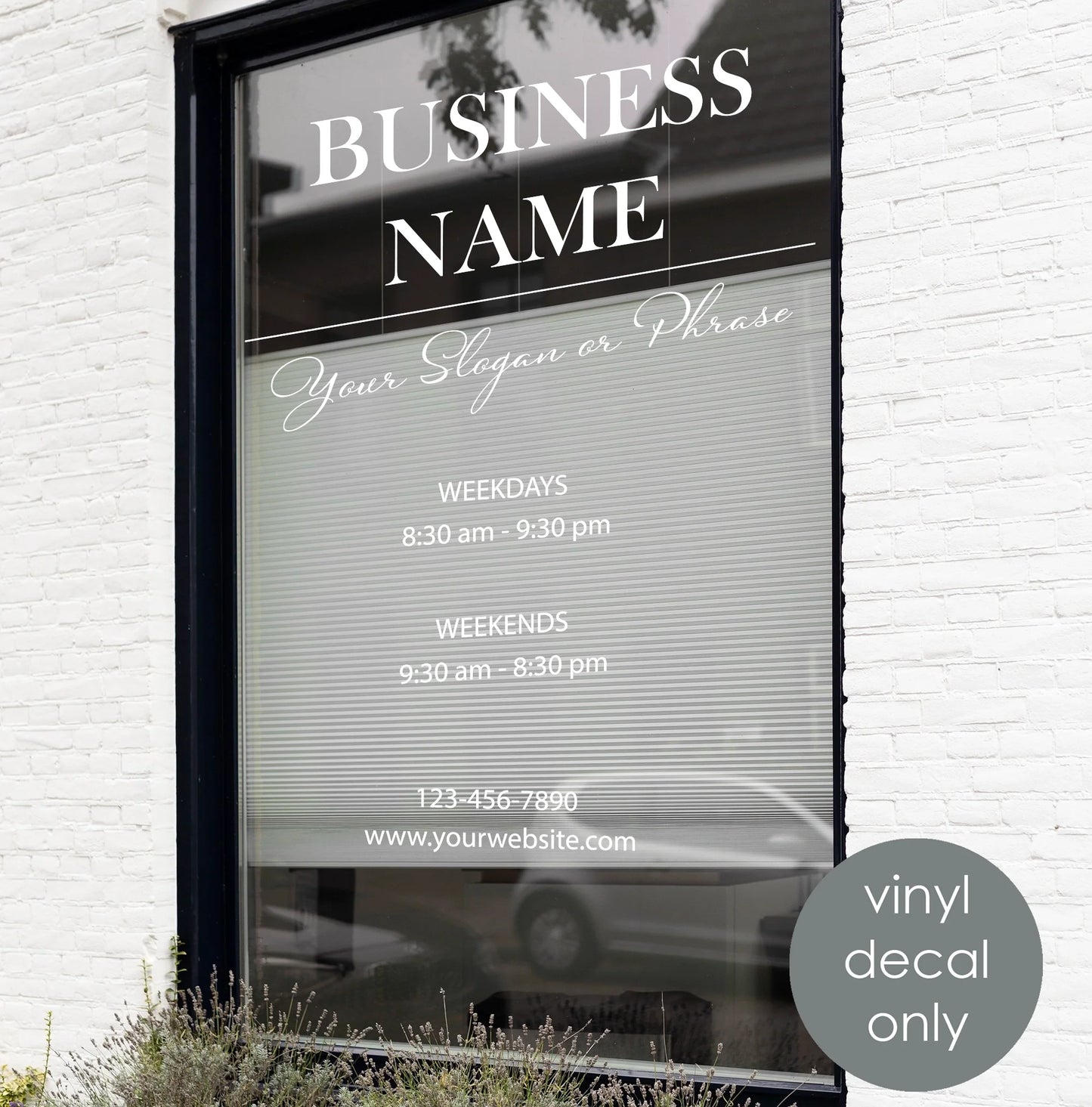 Personalized Business Name & Opening Hours Storefront Vinyl Decal – Custom Window Decor & Door Decoration Sign w039
