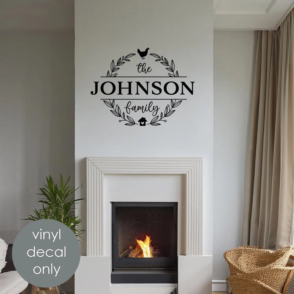 Personalized Rustic Wreath Home Decor Vinyl Decal – Custom Family Last Name Decoration Sign w048