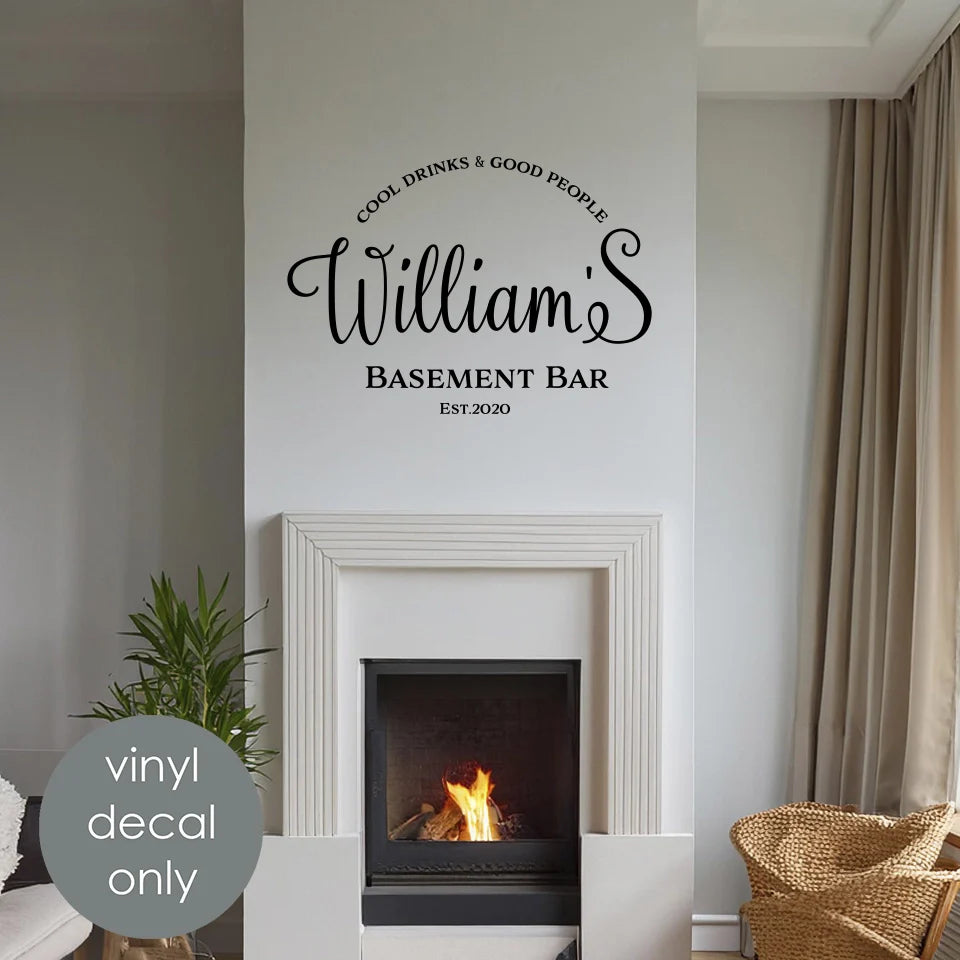 Basement Bar Personalized Name & Est. Vinyl Decal – Custom Home Bar Decoration Wall Sticker w044