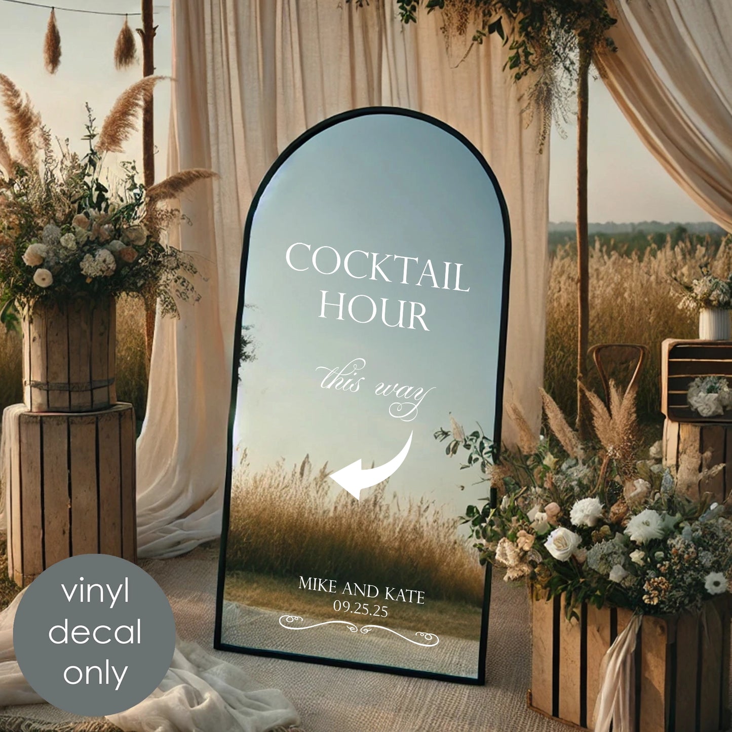 Cocktail Hour This Way Vinyl Decal – Personalized Wedding Reception Decor with Custom Names & Date w71