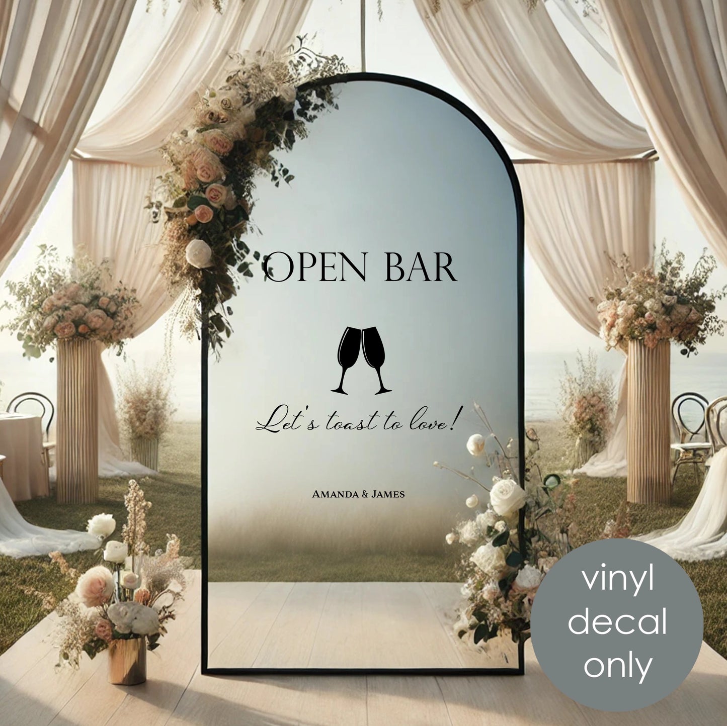 Open Bar Wedding Personalized Decal – Let’s Toast to Love – Vinyl Sticker with Bride & Groom Names w57