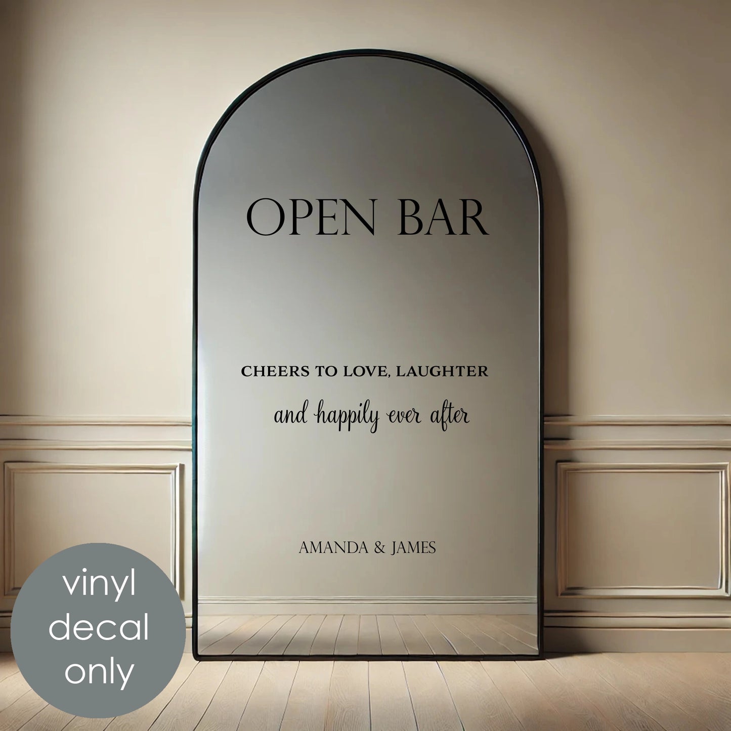 Open Bar Vinyl Decal – Cheers to Love, Laughter & Happily Ever After – Personalized with Bride & Groom Names w56