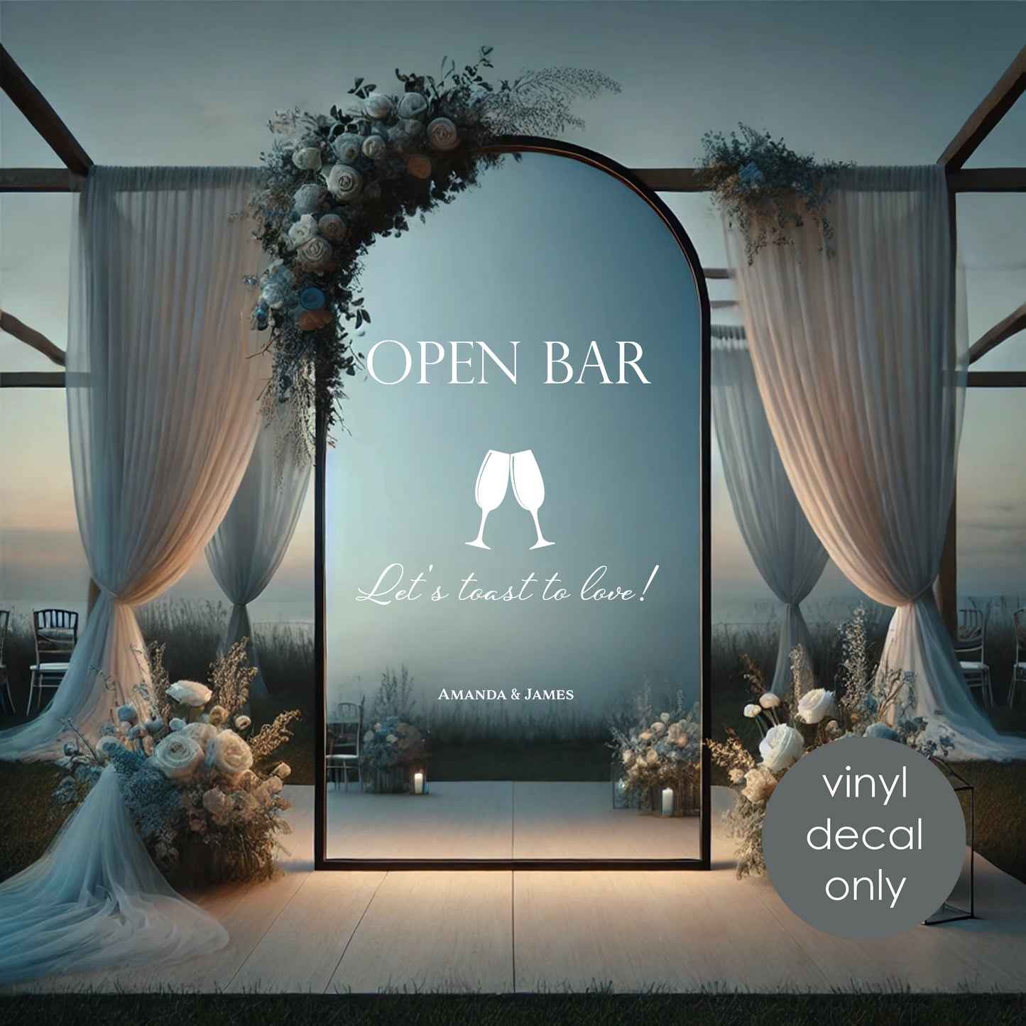 Open Bar Wedding Personalized Decal – Let’s Toast to Love – Vinyl Sticker with Bride & Groom Names w57