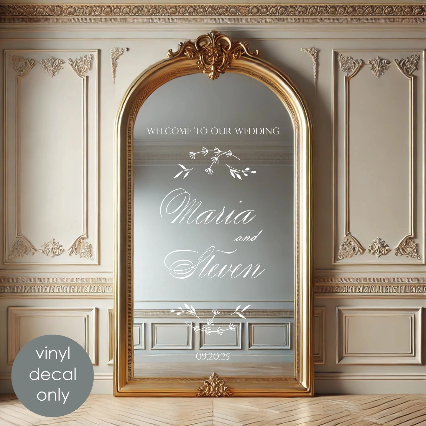 Welcome to Our Wedding Personalized Mirror Decal – Summer Floral Theme with Custom Names & Date w62