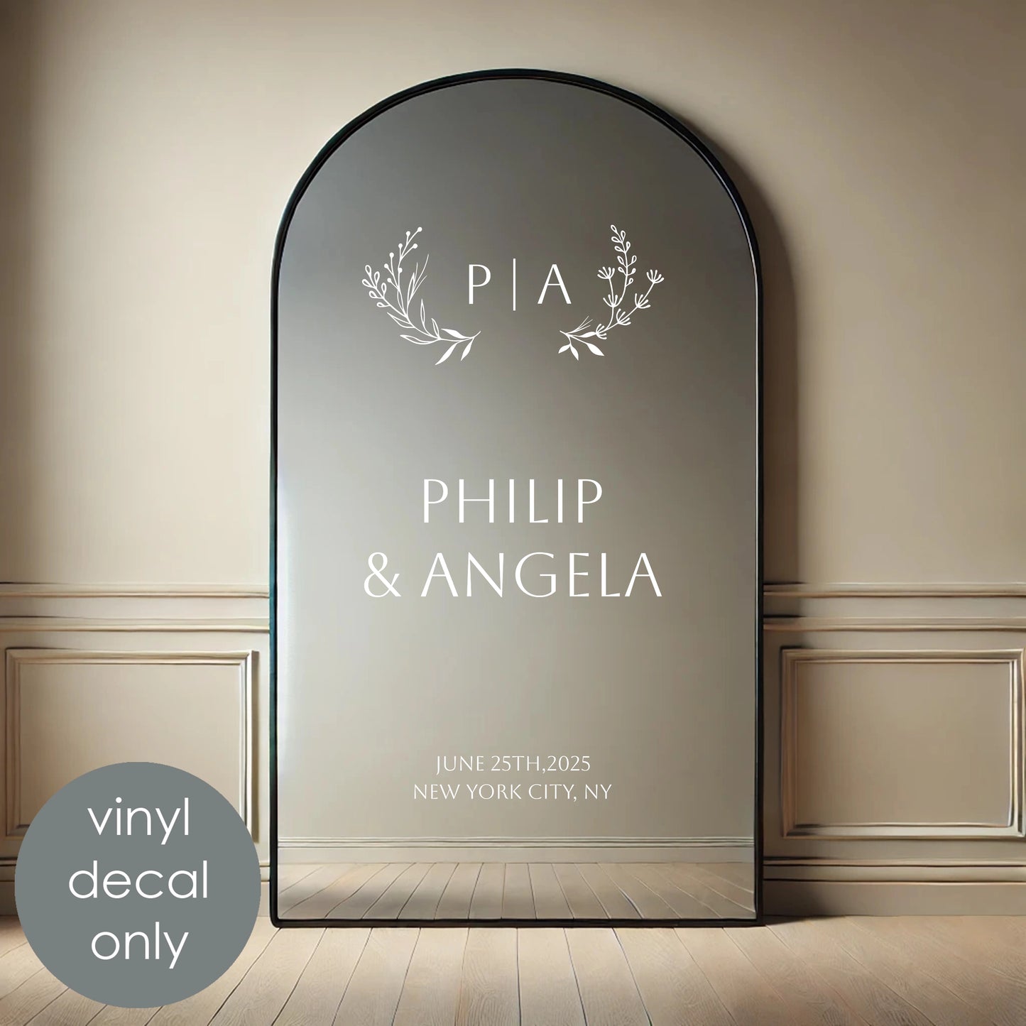 Floral Monogram Personalized Mirror Decal – Custom Names, Date & Location Party Decoration Idea w73