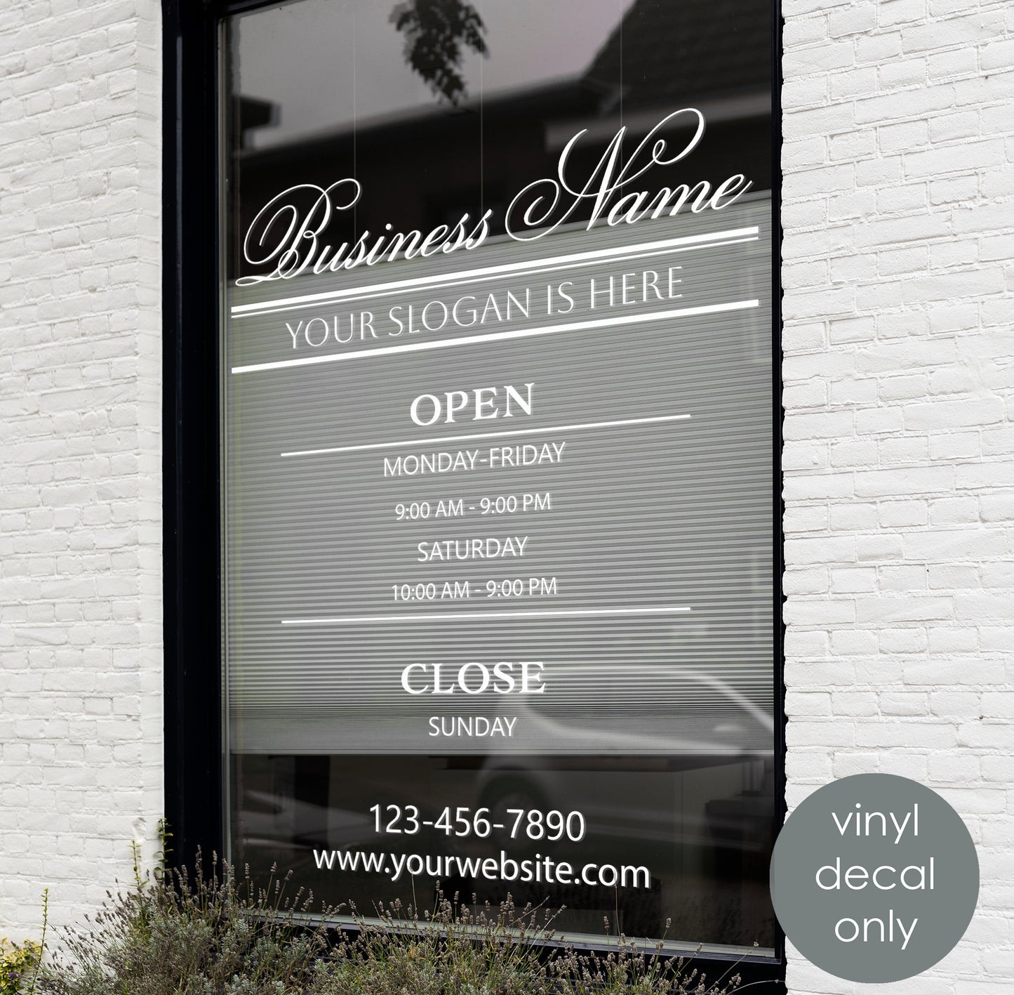 Personalized Business Name Decal – Custom Door, Window & Storefront Sticker with Slogan & Opening Hours w81
