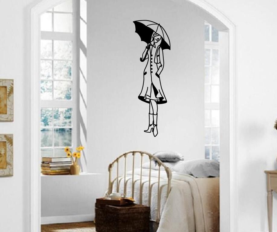 Autocollant mural en vinyle, belle fille dans une cape et un parapluie, ig1240