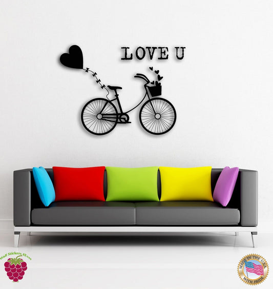 Autocollants muraux en vinyle, joli vélo avec cœurs, décor romantique pour les amoureux, z1566