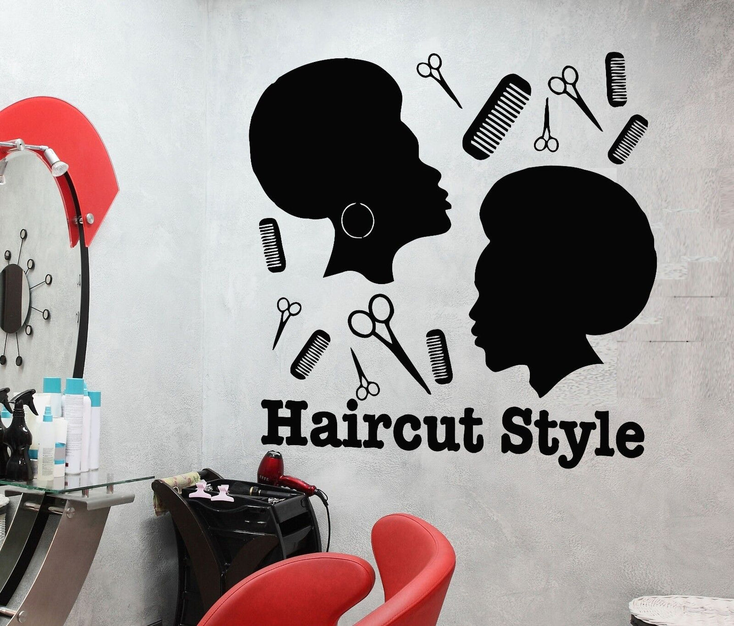 Autocollant mural en vinyle, Style coupe de cheveux, outils de barbier, ciseaux, coiffeur (i1120)