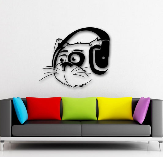 Wall Stickers Vinyl Decal Funny Cat in the Headphones Music Animal (ig681)