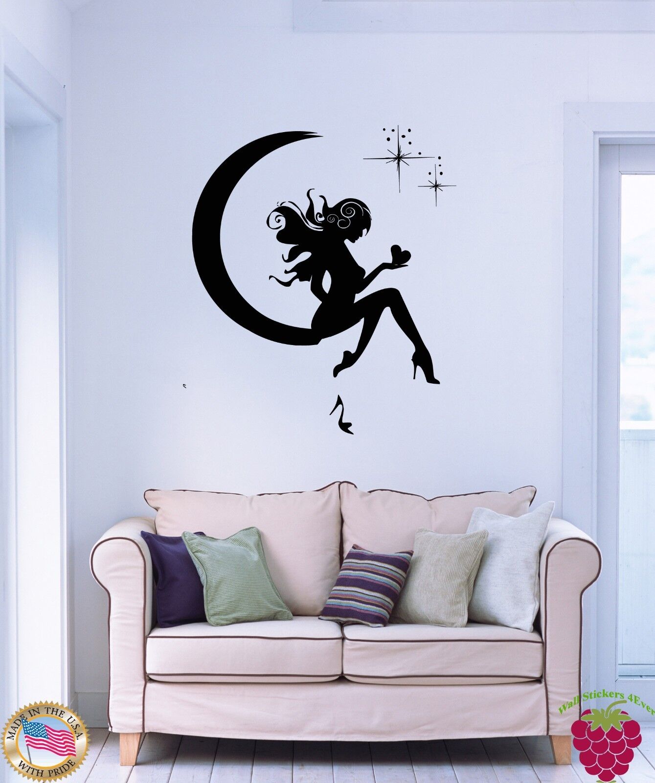 Autocollant mural en vinyle pour fille, fée, lune, étoiles, rêves, décor d'adolescent (z1082)