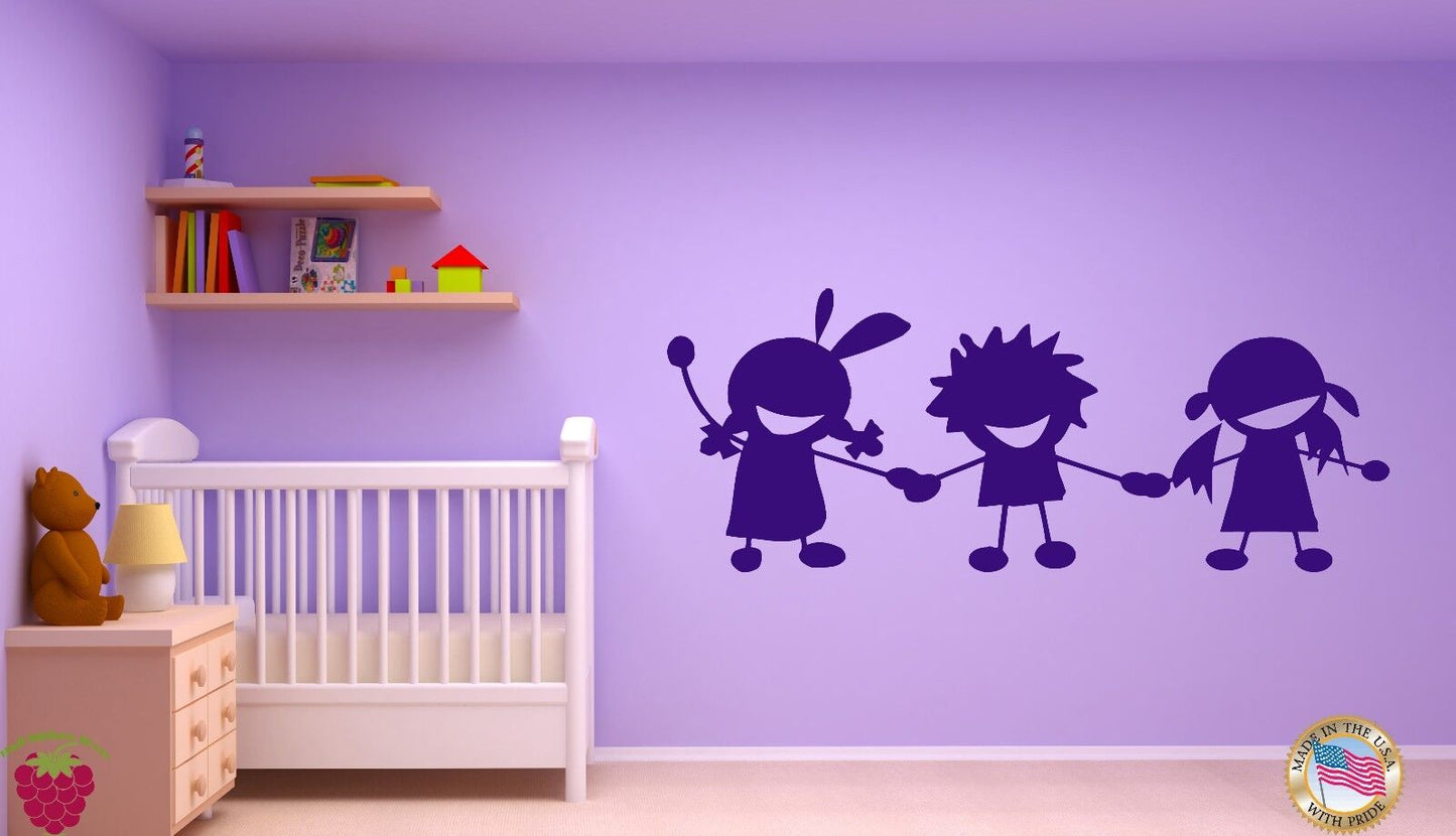 Wall Vinyl Sticker Decal Three Playing Kids Holding Hands Cartoon Joy Art (m006)