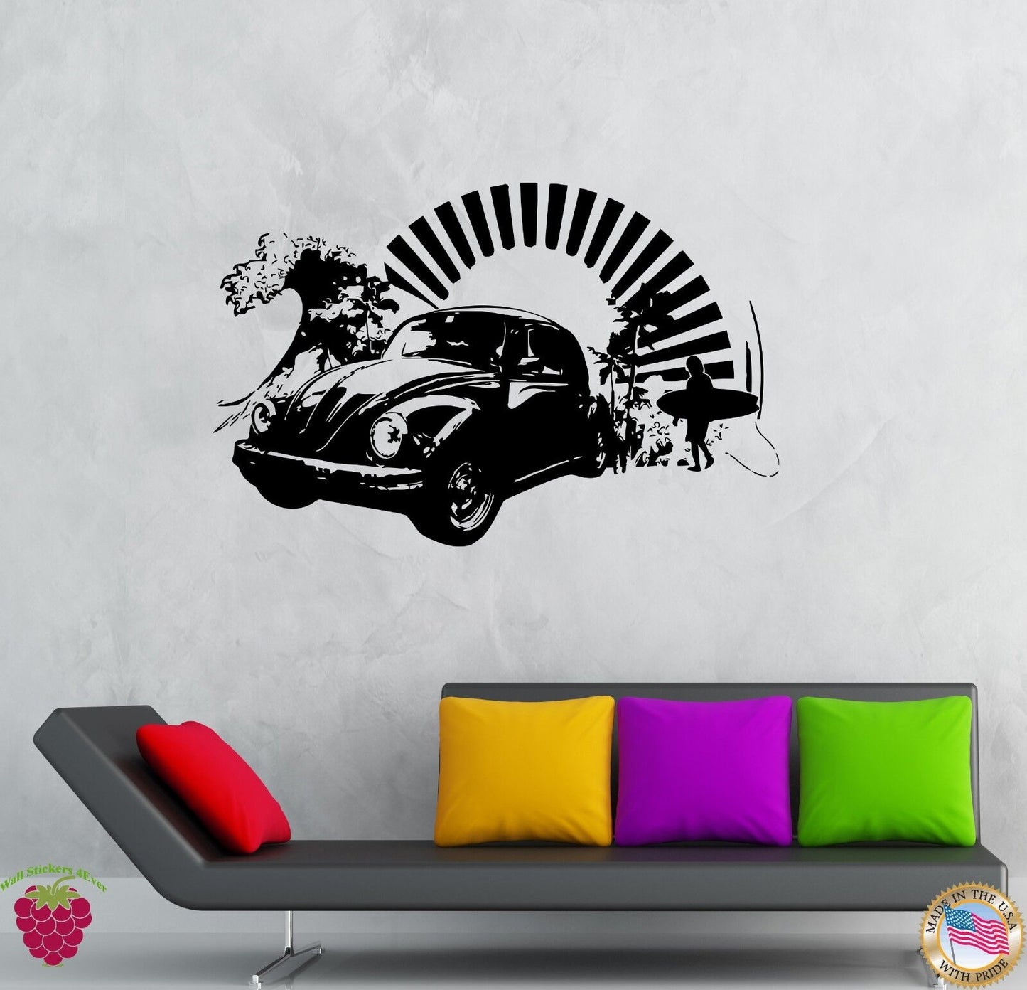 Wall Vinyl Sticker Decal Volkswagen Bug Antique Car Surfing Beach Decor (M002)