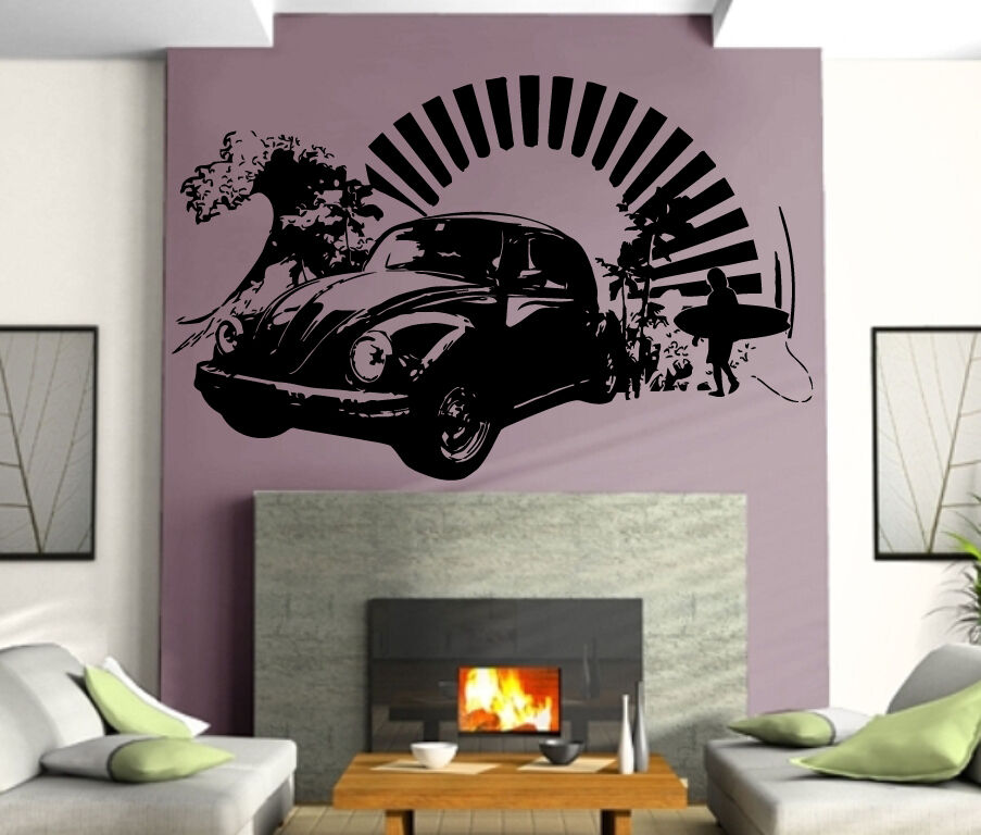 Wall Vinyl Sticker Decal Volkswagen Bug Antique Car Surfing Beach Decor (M002)