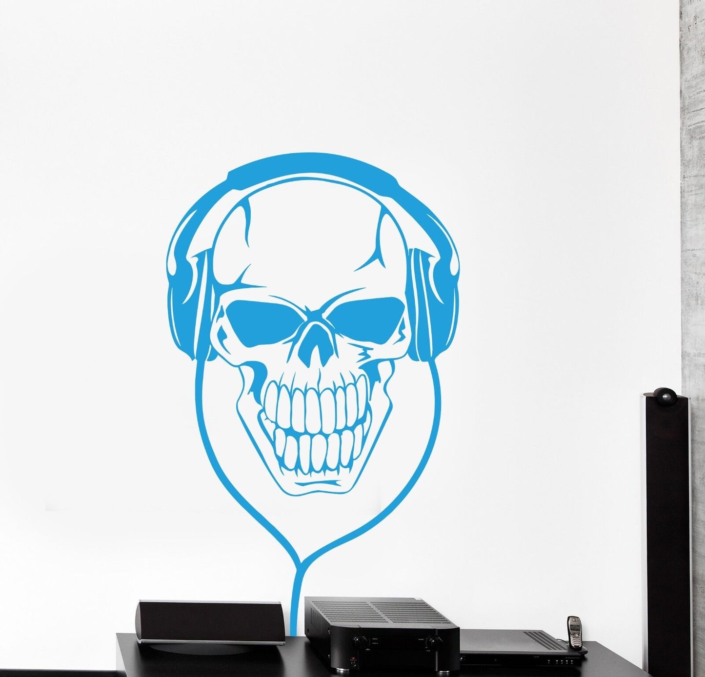 Autocollant mural en vinyle avec tête de mort dans un casque, décor de Notes de musique (z1081)