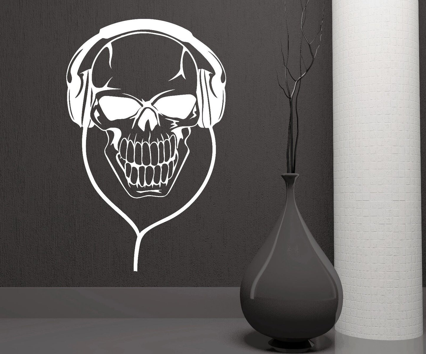 Autocollant mural en vinyle avec tête de mort dans un casque, décor de Notes de musique (z1081)