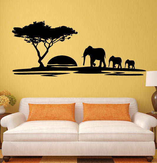 Wandaufkleber, Elefant, afrikanische Tiere, Landschaft, Baum, Wandbild, Vinyl-Aufkleber (ig1918)