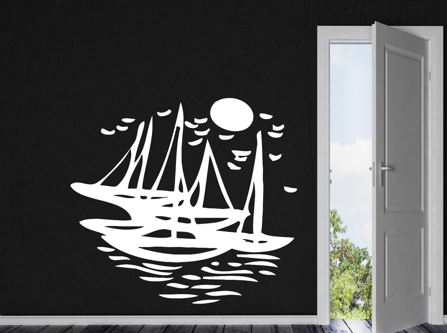 Wall Vinyl Sticker Decal Sea Gulls Sun Yacht Waterway Fishing Boat (n053)