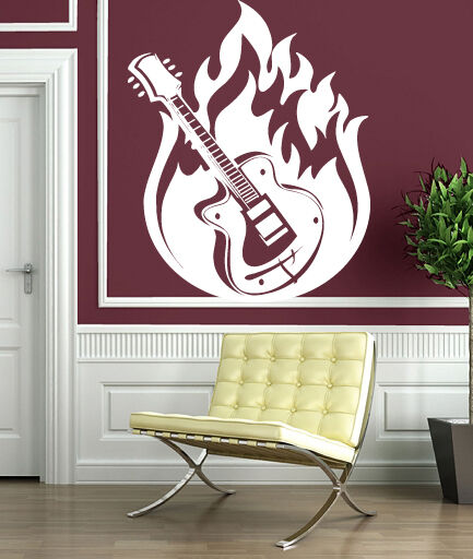 Autocollant mural en vinyle pour guitare, musique, Jazz, Blues, feu, Rock 'n' Roll (n063)