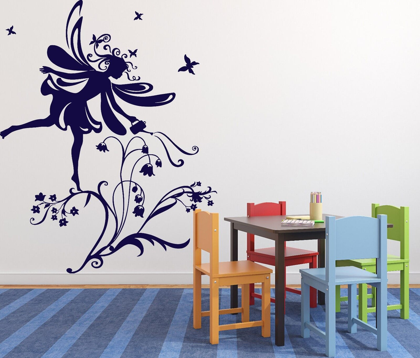 Wall Sticker Vinyl Decal Little Fairy Winglets Ringlets Bluebells Flowers (n078)