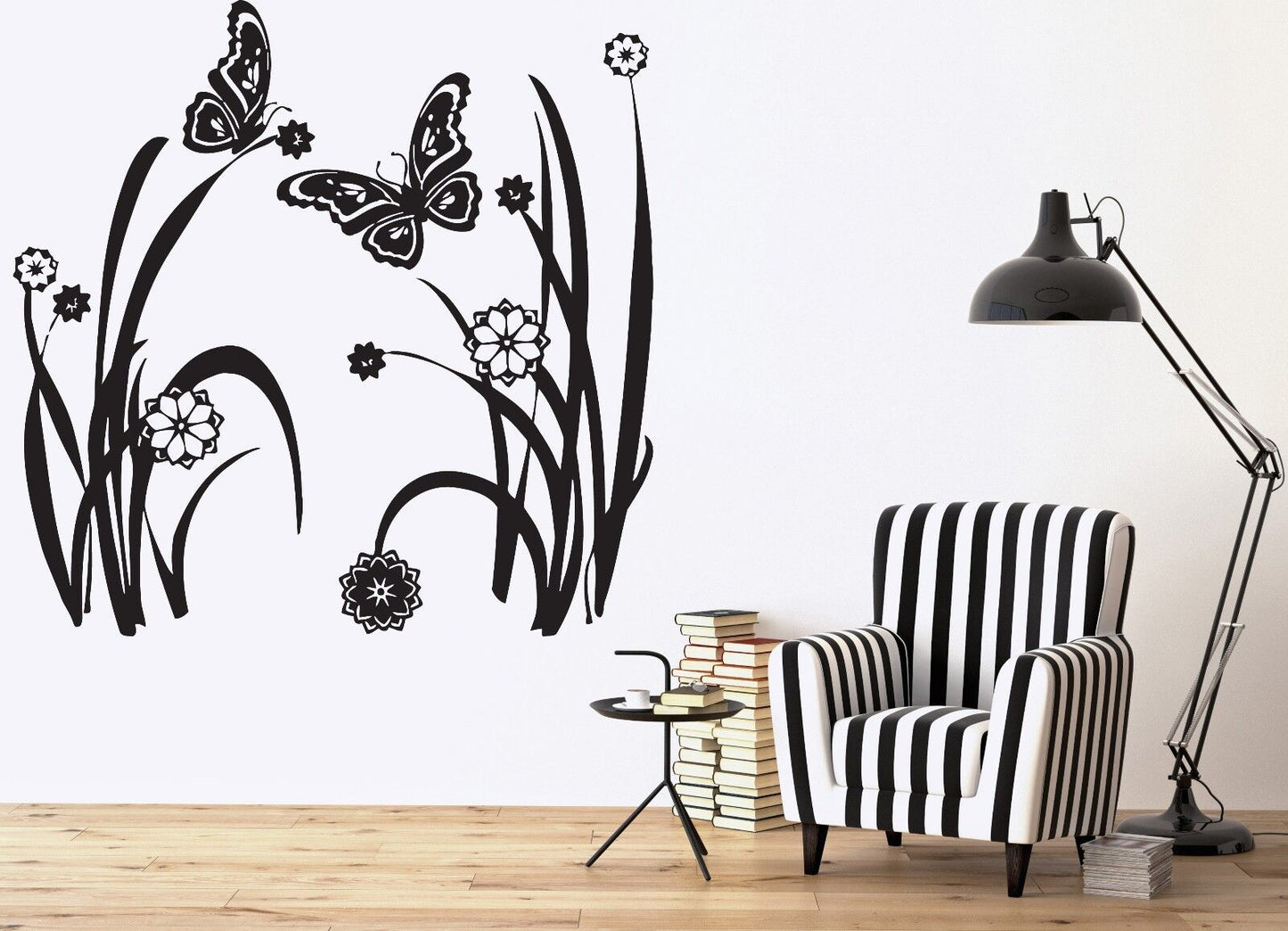 Autocollant mural en vinyle, fleurs de prairie d'été, papillons, décor d'herbe (n123)