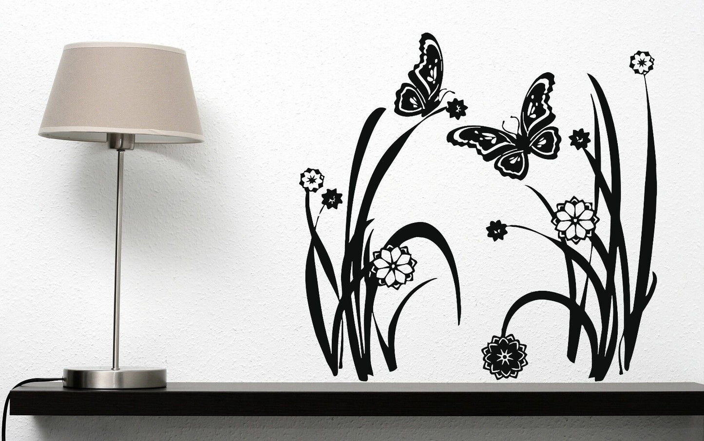 Autocollant mural en vinyle, fleurs de prairie d'été, papillons, décor d'herbe (n123)