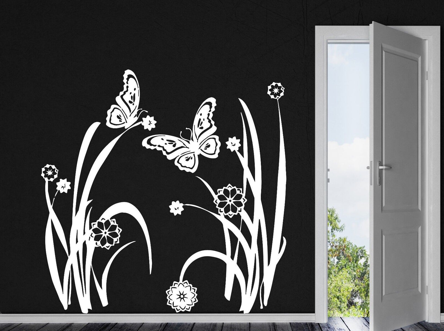 Autocollant mural en vinyle, fleurs de prairie d'été, papillons, décor d'herbe (n123)