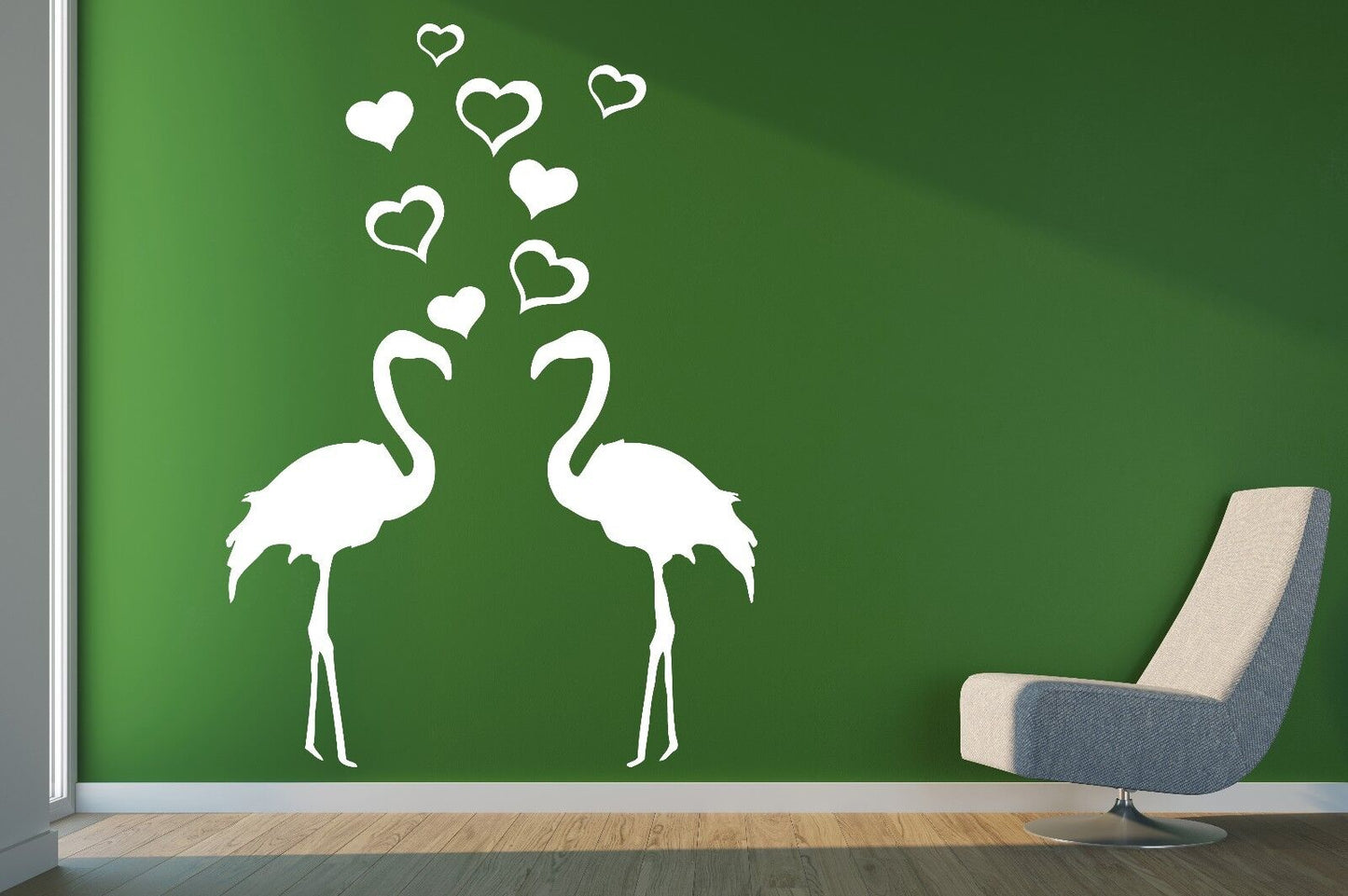 Autocollant mural en vinyle, paire d'amoureux, flamants roses, décor de cœur volant (n143)