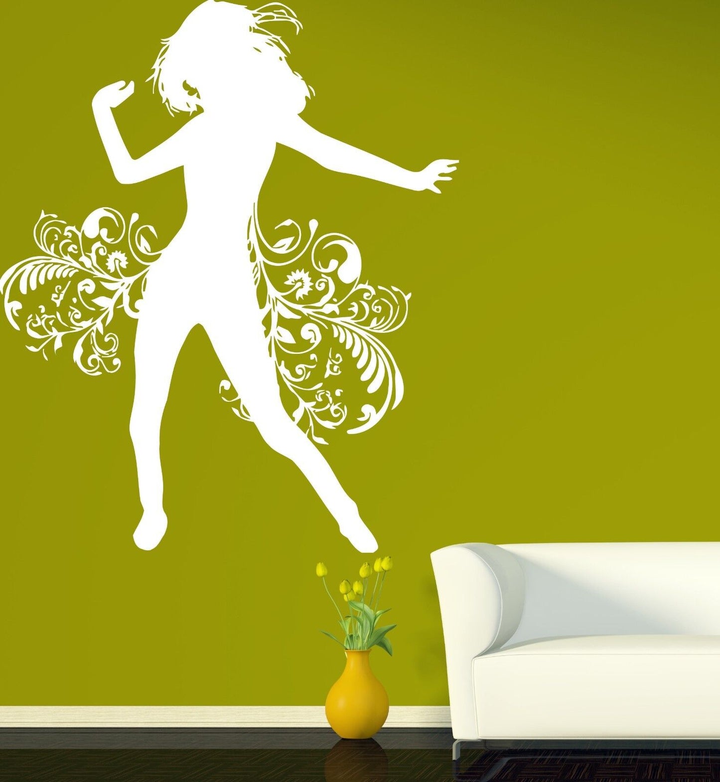 Wall Vinyl Sticker Decal Girl Dancing Vortex Hair Skirt Flower Decor (n144)