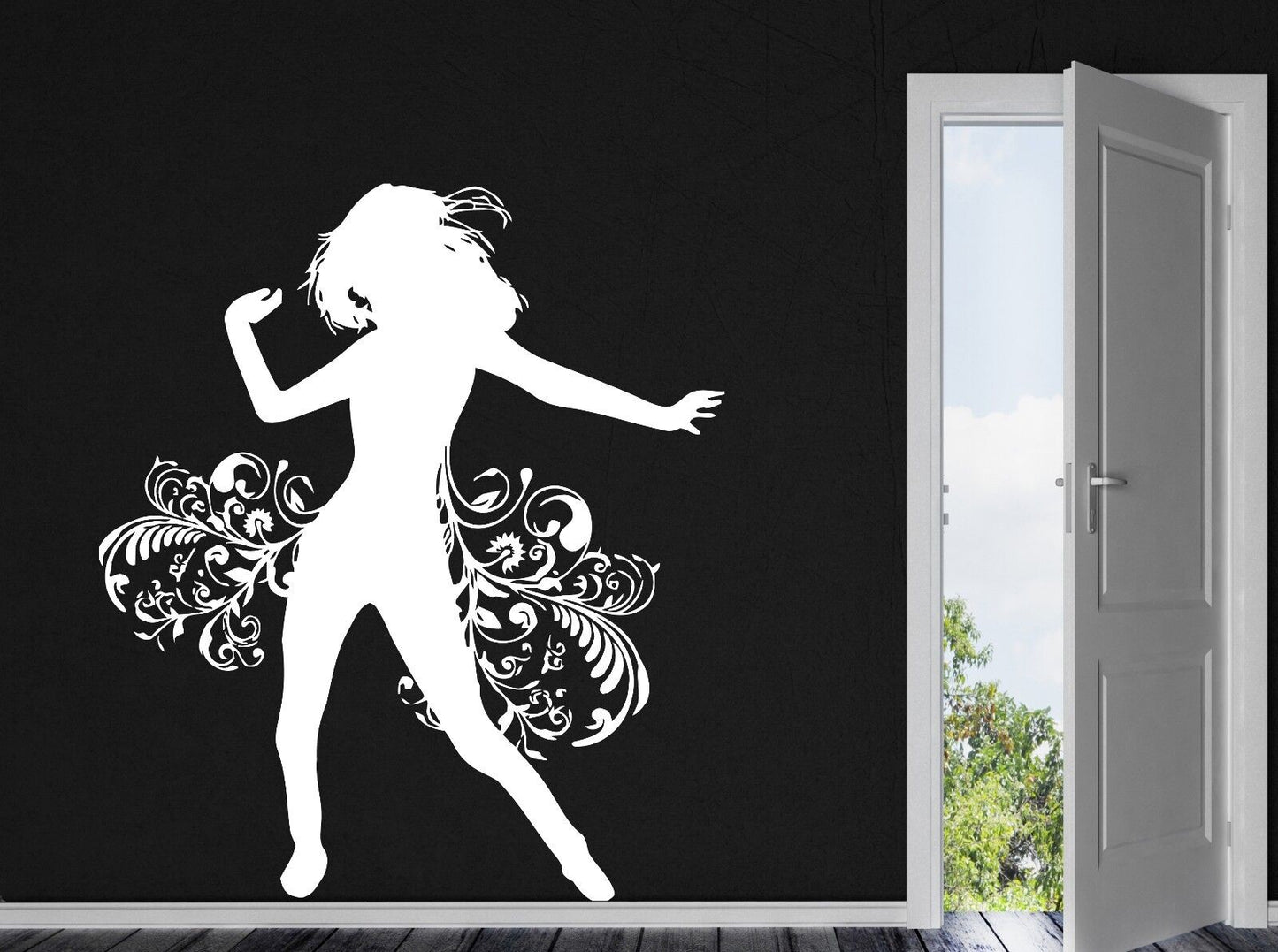 Wall Vinyl Sticker Decal Girl Dancing Vortex Hair Skirt Flower Decor (n144)