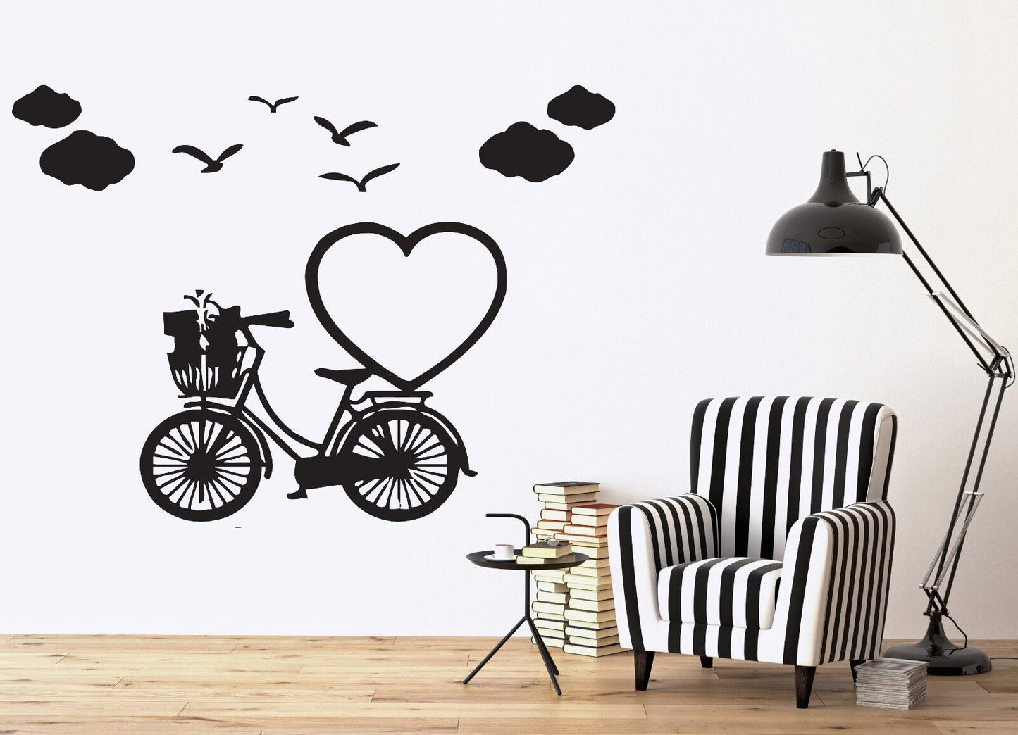 Autocollant mural en vinyle, Image romantique pour les amoureux, cœur, oiseaux, nuages ​​(n174)