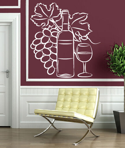 Autocollant mural en vinyle, décor de bouteille de verre de vin, grappe de raisin (n179)