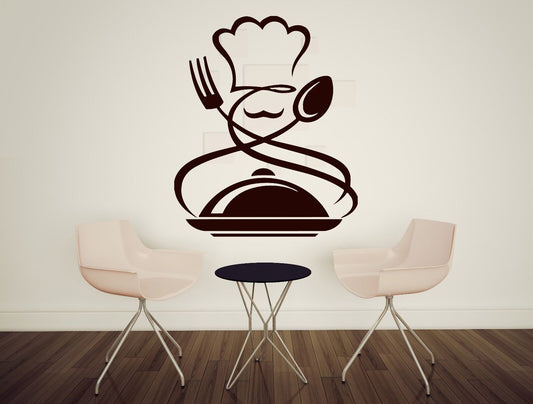 Autocollant mural en vinyle, autocollant cuisinier, chapeau de Chef, moustache, cuillère, fourchette, plat (n189)