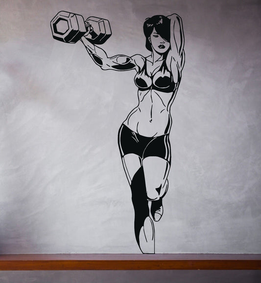 Wandtattoo/Wandaufkleber „Fräulein Schöne“ aus Vinyl, Fitness, Muskel, Hanteln, Figur, Kraft (n218)