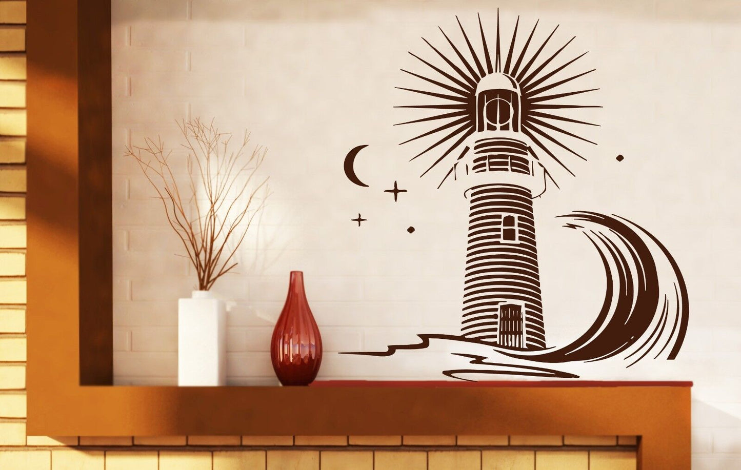 Wall Vinyl Sticker Decal Beacon Signal Light Sea Wave Night Moon Stars (n240)