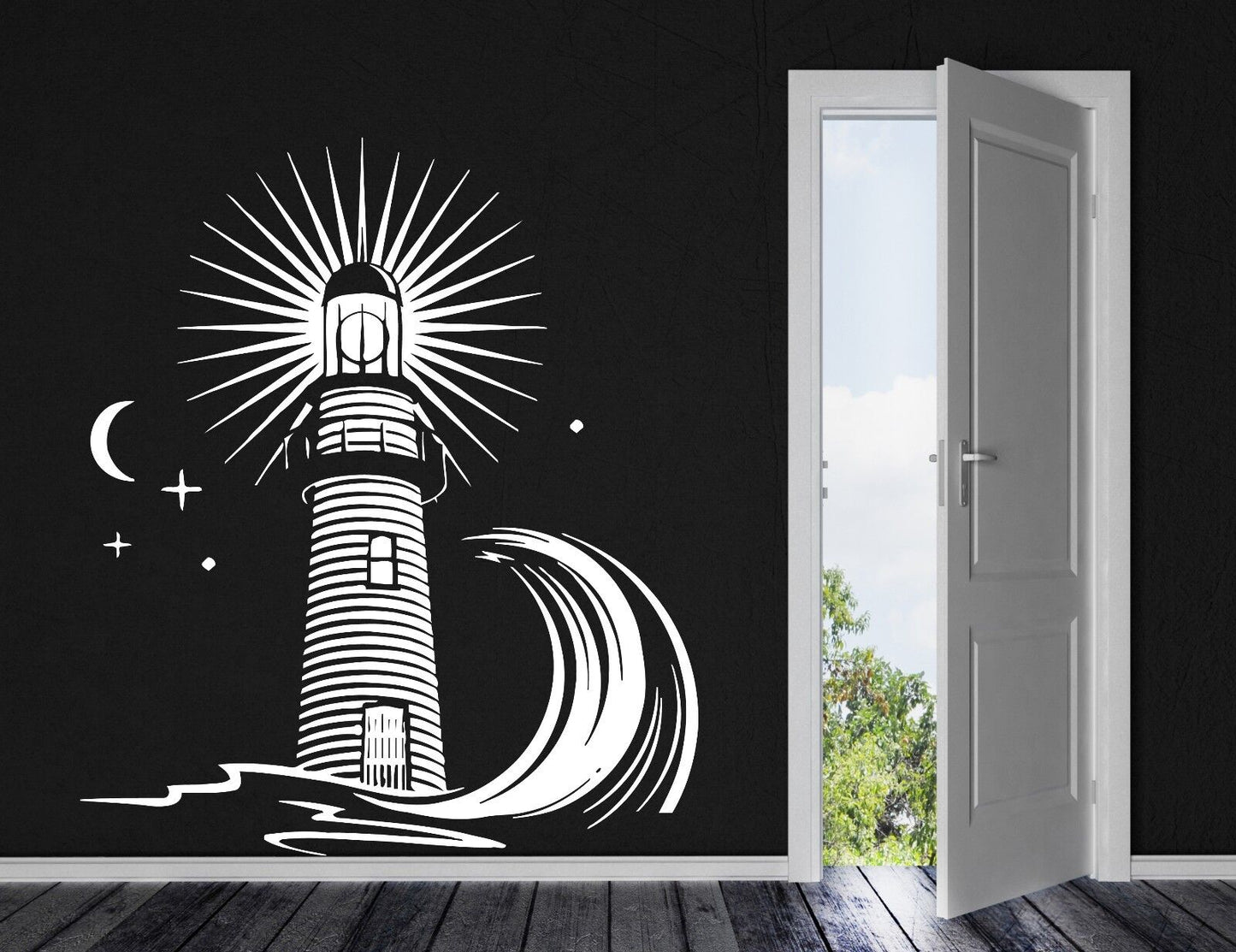 Wall Vinyl Sticker Decal Beacon Signal Light Sea Wave Night Moon Stars (n240)